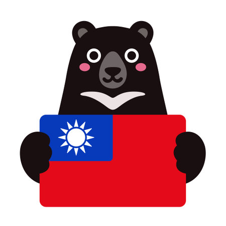 Formosan black bear, national animal and symbol of Taiwan, holding Taiwanese flag. Cute cartoon character, vector illustration.のイラスト素材