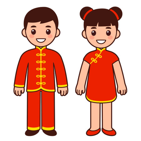 Cute boy and girl in national costume of China. Cartoon children in traditional red Chinese New Year clothes. Vector clip art illustration.のイラスト素材