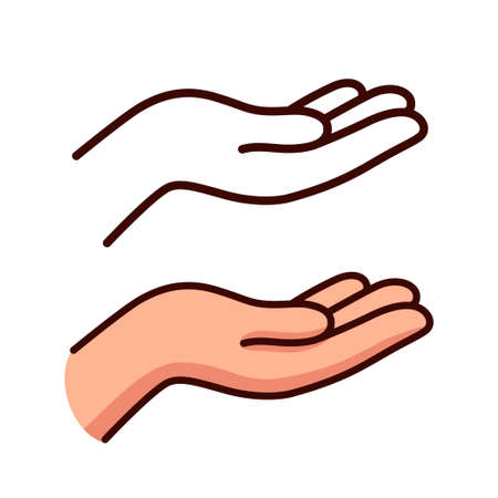 Empty hand holding gesture. Black and white line icon and color drawing. Cartoon vector illustration of cupped palm.のイラスト素材