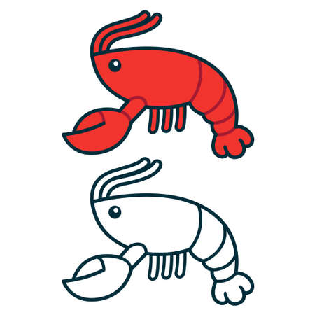 Simple cartoon lobster or crawfish drawing. Red color and black and white line icon. Vector clip art illustration.のイラスト素材
