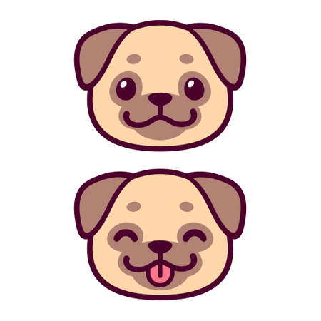 Cute cartoon pug face drawing. Kawaii dog portrait smiling with tongue out. Vector clip art illustration.のイラスト素材
