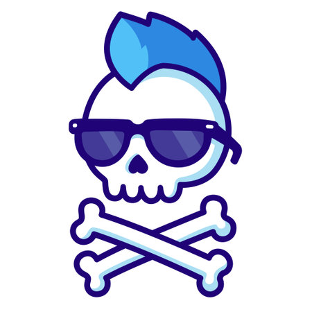Cool cartoon punk rock skull and crossbones with mohawk and sunglasses. Comic style Jolly Roger sticker. Vector clip art illustration.のイラスト素材