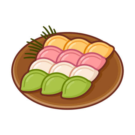 Songpyeon, traditional Korean food, half-moon shaped rice cakes with sweet filling. Arranged on a plate, decorated with pine needles. Cartoon vector illustration.のイラスト素材