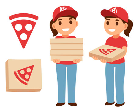 Cute cartoon pizza delivery girl holding pizza boxes with pizzeria. Simple flat vector illustration.のイラスト素材