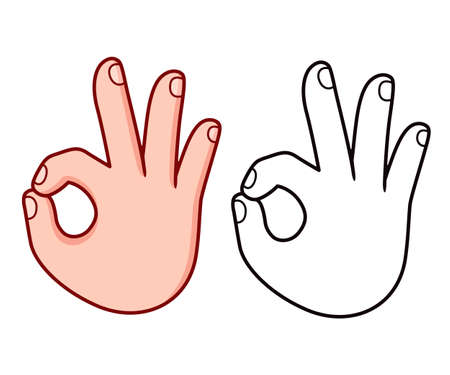OK hand sign icon. Index finger touching thumb gesture. Black and white line and color. Cartoon drawing, vector illustration.のイラスト素材