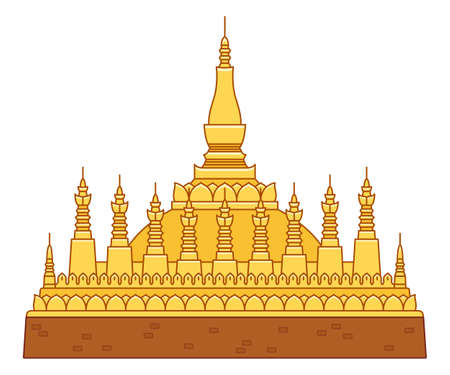 Pha That Luang, Buddhist stupa in Vientiane, Laos. Golden temple, national Lao symbol. Geometric flat line vector illustration.のイラスト素材