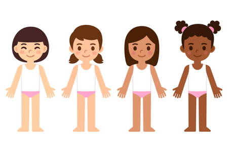 Cartoon girls in underwear, body anatomy template. Asian, Caucasian, Brown and Black skin. Isolated vector infographic illustration set.のイラスト素材