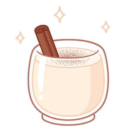 Coquito, traditional Puerto Rican Christmas drink similar to eggnog. Cartoon drawing of cocktail glass with cinnamon, hand drawn vector illustration.のイラスト素材