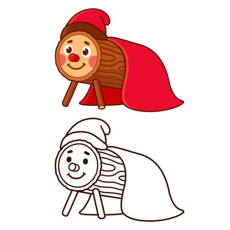 Caga Tio de Nadal, traditional Christmas log character. Black and white line drawing for coloring and color cartoon illustration. Cute vector clip art.のイラスト素材
