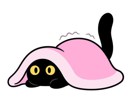 Cut cartoon scared cat hiding under blanket. Funny black kitten drawing, vector clip art illustration.のイラスト素材