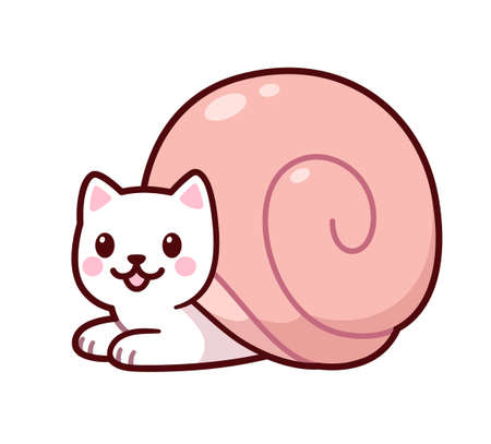 Cute cartoon snail cat drawing. Kawaii kitten in snail shell. Vector clip art illustration.のイラスト素材