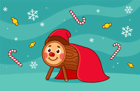 Caga Tio de Nadal, traditional Christmas character from Catalonia and Aragon, Spain. Cute cartoon vector illustration on winter background with candy.のイラスト素材