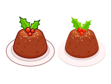 Traditional cartoon Christmas pudding with holly. Line cartoon drawing and flat color icon. Vector clip art illustration.のイラスト素材