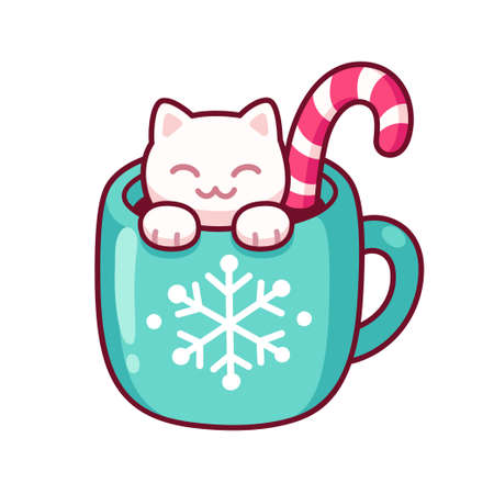 Christmas drink cup with marshmallow cat and candy cane. Kawaii latte art. Cute cartoon Christmas greeting card vector illustration.のイラスト素材