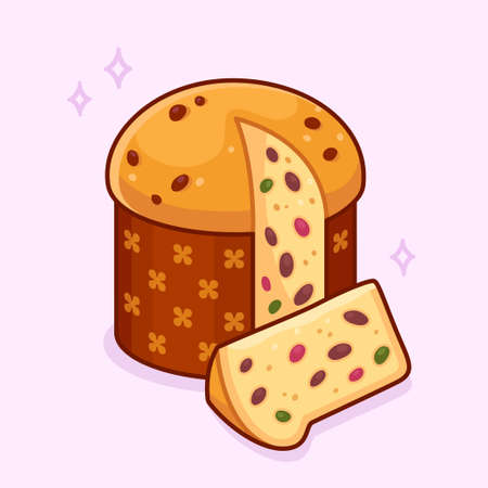 Panettone, traditional Italian Christmas sweet bread. Cake with cut out wedge. Cartoon drawing, vector clip art illustration.のイラスト素材