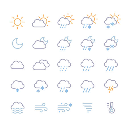Weather forecast icons set. Clouds, precipitation and weather conditions, day and night. Vector colored line icon illustration.のイラスト素材
