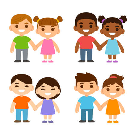 Four pairs of cute cartoon boys and girls holding hands. Little friends or siblings. Caucasian, Black and Asian.のイラスト素材