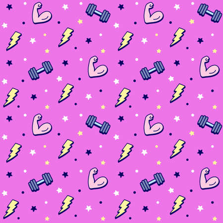 Cartoon fitness weightlifting pattern with dumbbells, lightning bolts and flexing biceps. Cute hand drawn doodles, bright comic style. Vector seamless texture illustration.のイラスト素材