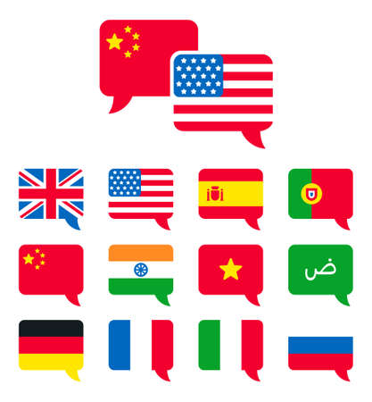 Popular languages speech bubble icons. Country flags set in flat vector style. Translation, communication and international dialogue.のイラスト素材
