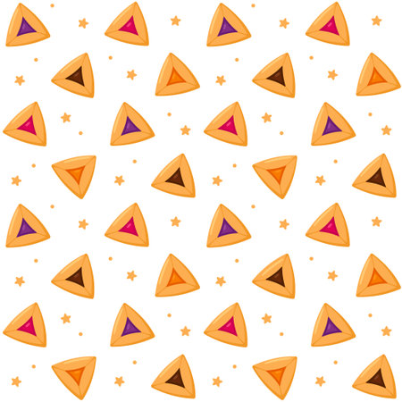 Seamless pattern of cartoon Hamantash with different fillings. Hamantashen are traditional pastry...