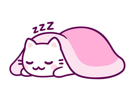 Cute cartoon white cat sleeping under pink blanket. Adorable kawaii kitten hand drawn doodle. Isolated vector clip art illustration.のイラスト素材
