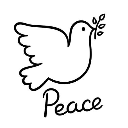 Dove of peace with olive branch. Simple hand drawn outline, vector illustration.のイラスト素材