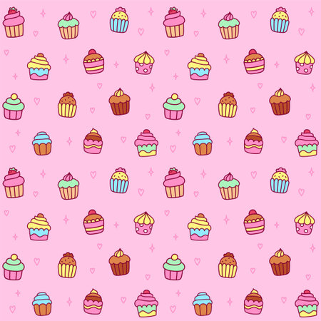 Cartoon cupcake seamless pattern on pink background. Cute hand drawn doodles, vector illustration.