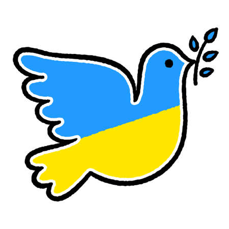 Peace dove in Ukrainian flag colors. Stop war in Ukraine. Simple hand drawn symbol, vector illustration.のイラスト素材
