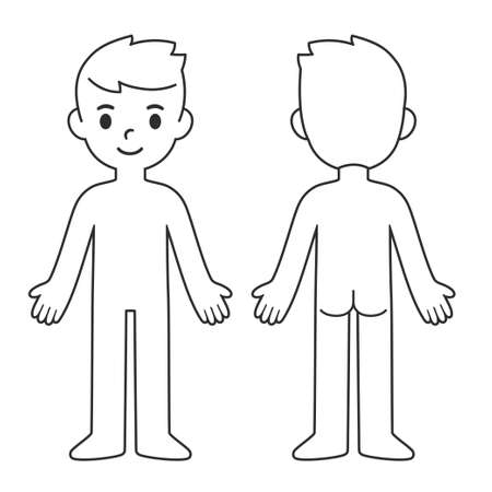 Cartoon child body chart, front and back view. Blank boy body outline template. Isolated vector illustration.のイラスト素材