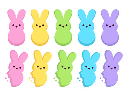 Marshmallow bunnies set, cute rabbit shaped Easter candy. Simple cartoon vector illustration.のイラスト素材