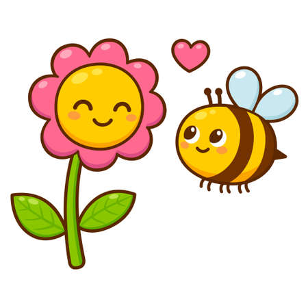 Cute cartoon bee and flower in love. Kawaii drawing, adorable Valentines day greeting card. Isolated vector clip art illustration.のイラスト素材
