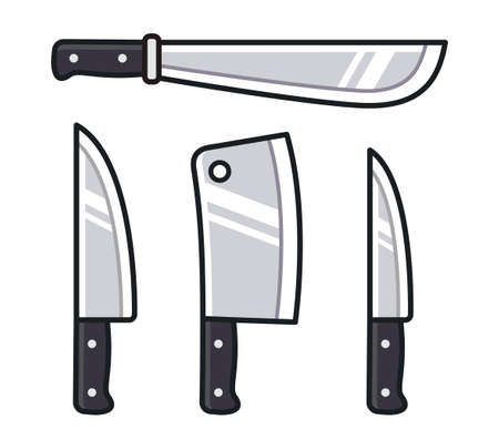 Cartoon knife icon set. Kitchen knives, meat cleaver, machete. Vector clip art illustration set.のイラスト素材