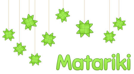 Matariki, Maori New Year celebration. Harakeke whetu (flax stars) hanging in constellation. Cute cartoon vector banner.のイラスト素材