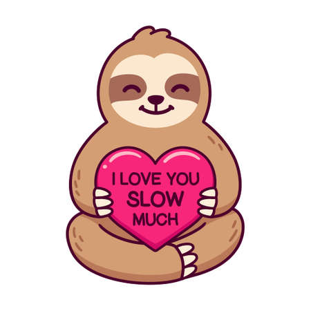 Funny cartoon sloth holding red heart saying I Love You Slow Much. Cute Valentine pun drawing, vector illustration.のイラスト素材