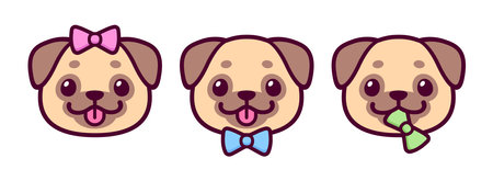 Cute cartoon Pugs with color bows. Boy, girl and gender neutral (non-binary). Kawaii dog gender vector illustration set.のイラスト素材