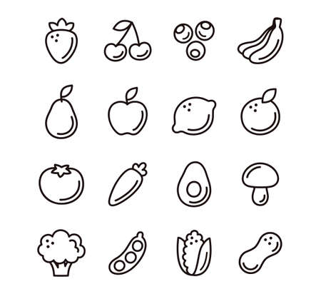 Cartoon hand drawn doodle style fruit and vegetable icons. Black and white line art. Cute simple pictograms, vector illustration set.のイラスト素材