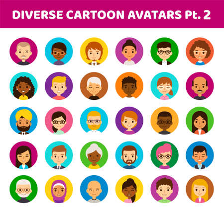 Set of 30 diverse round avatars on color circles. Different ethnicities, ages and hair styles. Cute and simple flat cartoon style.のイラスト素材