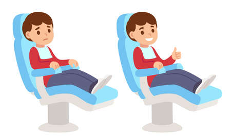 Cute cartoon boy sitting in dental chair, scared and happy giving thumb up. Funny children at dentist visit, isolated clip art illustration.のイラスト素材