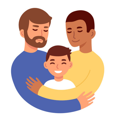 Cute cartoon gay couple with child, two dads and son. Cute cartoon characters vector illustration.のイラスト素材