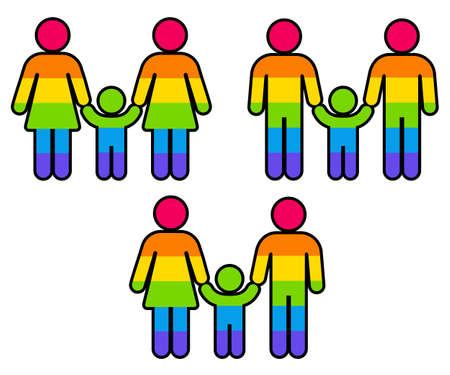 Parents and child icon holding hands, rainbow pride flag colors. Two moms, two dads, mom and dad. Simple LGBT family stickers, vector symbol set.のイラスト素材