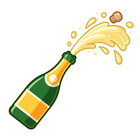 Champagne bottle pop open with cork and foam flying out. Cartoon vector icon, simple clip art illustration.のイラスト素材