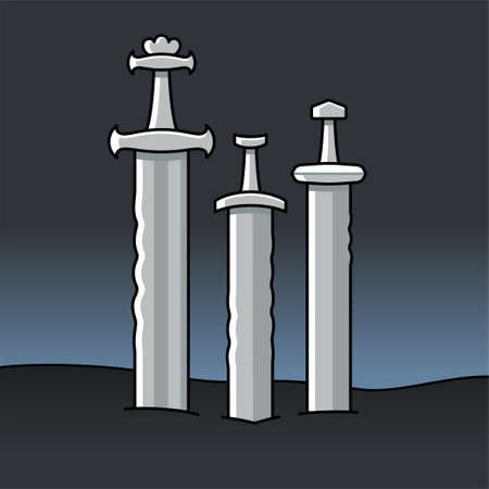 Sverd i fjell (Swords in Rock) monument in Norway. Cartoon vector illustration on dark background.のイラスト素材