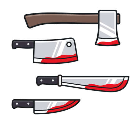 Cartoon bloody cold weapons icon set. Kitchen knife, cleaver, axe, machete. Vector clip art illustration set.のイラスト素材