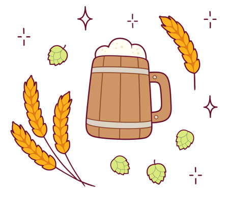Beer doodle with vintage beer mug, wheat and hops. Hand drawn cartoon sketch style. Isolated vector illustration set.のイラスト素材
