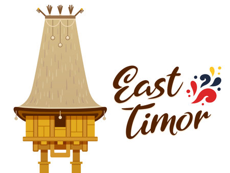 East Timor travel banner with Uma Lulik, traditional sacred spirit house. Vector illustration, cartoon clip art design.のイラスト素材