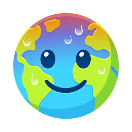 Cartoon Earth with smiling face, red hot and sweating. Global warming and climate crisis vector clip art illustration.のイラスト素材