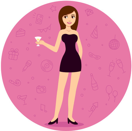 Young pretty cartoon woman in little black dress on a party with cocktail. Pink background with pattern of party icons. Vector clip art illustration.のイラスト素材