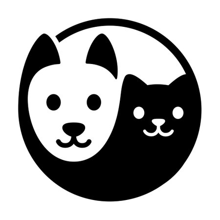 Cat and dog yin yang symbol. Simple and cute cartoon white dog and black cat face. Isolated vector illustration.のイラスト素材