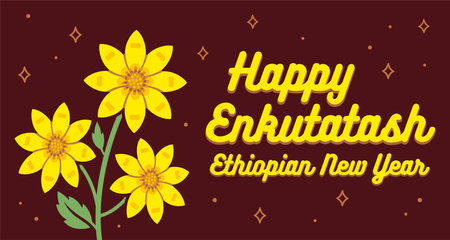Happy Enkutatash (Ethiopian New Year) with Adey abeba flower. Greeting card banner, vector design illustration.のイラスト素材
