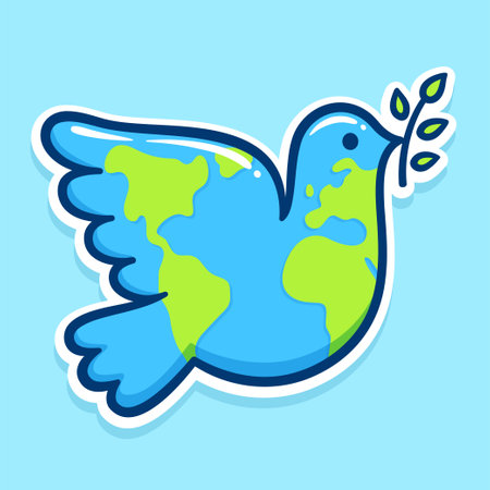 Dove of peace with planet Earth design and olive branch. Cute cartoon vector illustration.のイラスト素材
